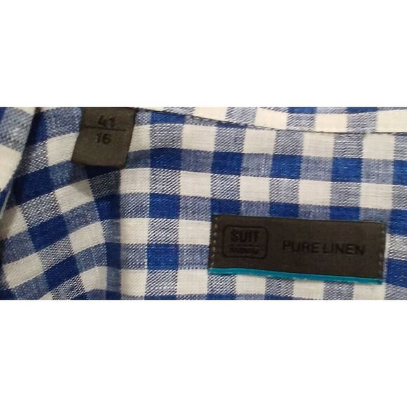 Suitsupply mens size 16 blue white gingham 100% linen button down shirt - Picture 6 of 7